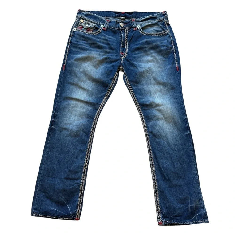 RARE VTG Y2K True Religion Mens Dark Desire Red Tan Rope Stitch Jeans 40x32